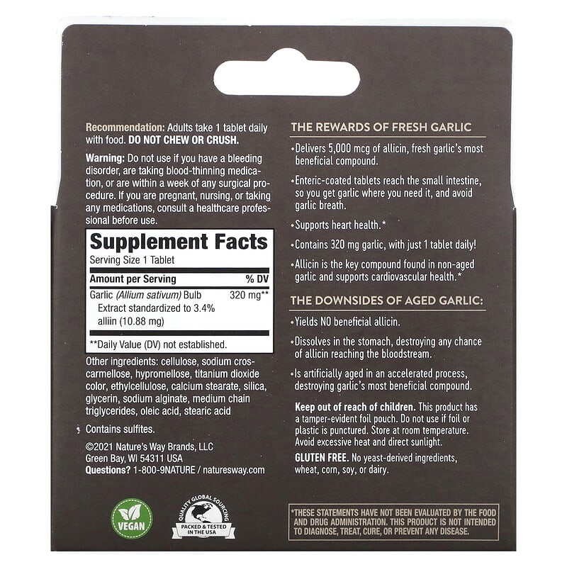 Nature's Way, Garlinase 5000, 320 mg, 100 Enteric-Coated Tablets 763948085019