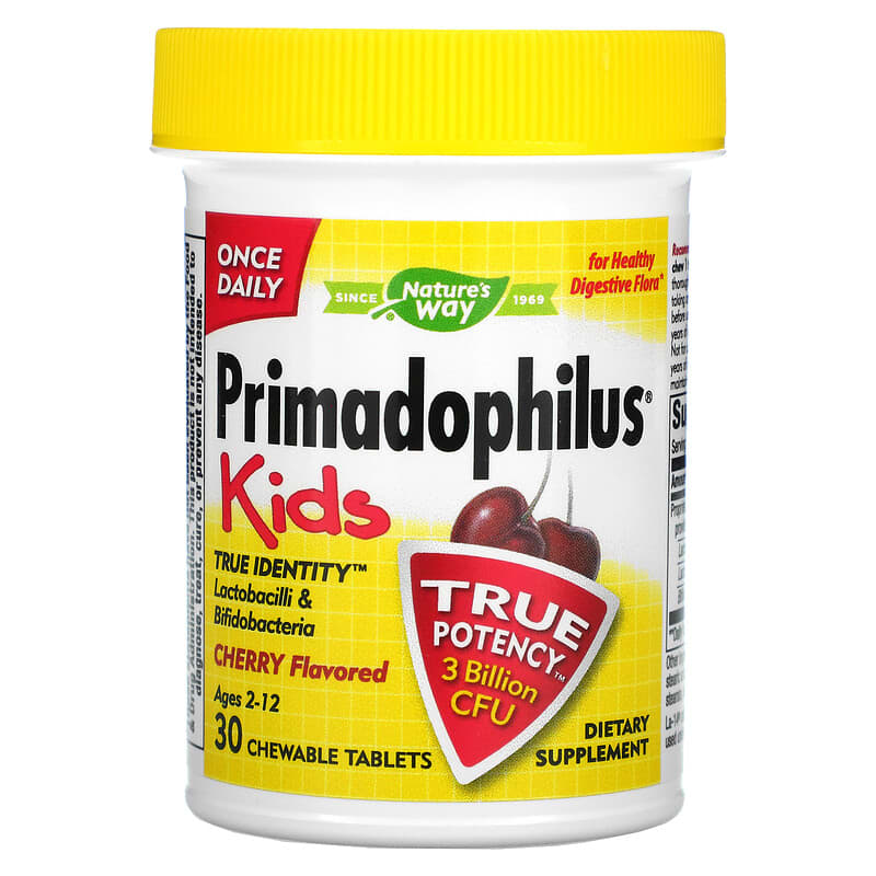 Nature's Way, Primadophilus, Kids, Age 2-12, Cherry , 3 Billion CFU, 30 Chewable Tablets 33674142431
