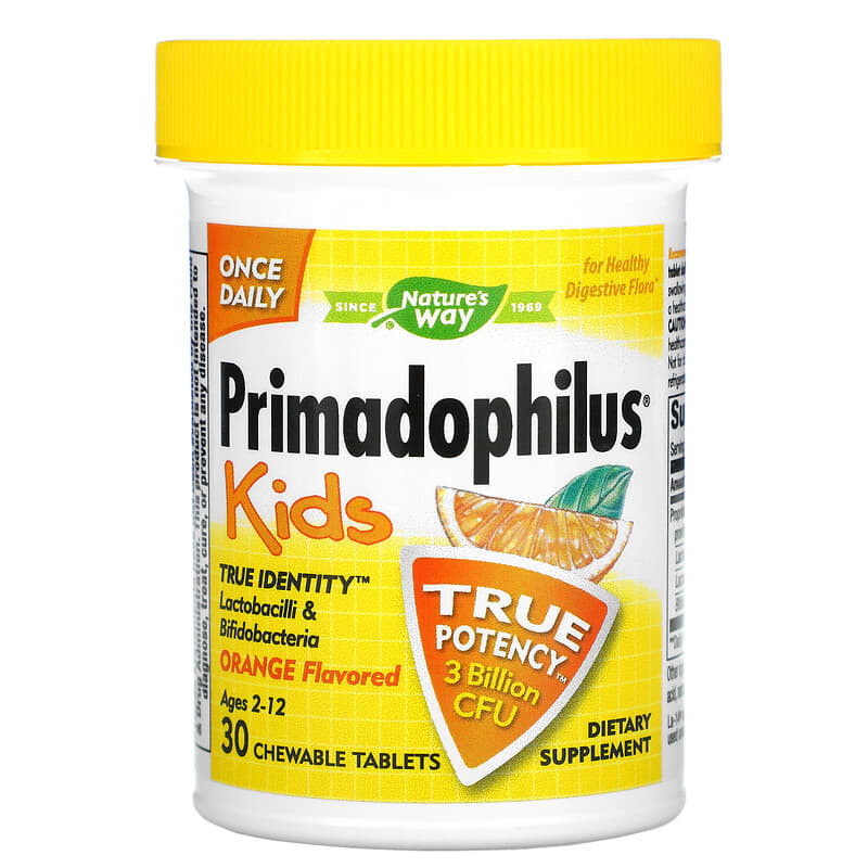 Nature's Way, Primadophilus, Kids, Age 2-12, Orange Flavored, 3 Billion CFU, 30 Chewable Tablets 33674142424