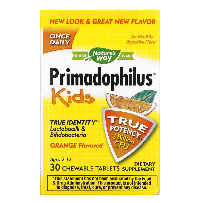Nature's Way Primadophilus Kids Age 2-12 Orange Flavored 3 Billion CFU 30 Chewable Tablets 33674142424