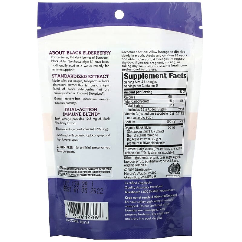 Nature's Way, Sambucus Elderberry, Vitamin C Lozenges, Wild Cherry Flavored, 24 Lozenges 33674127094