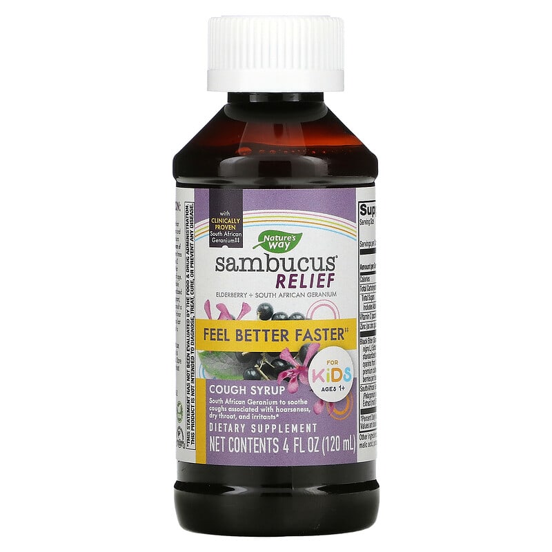 Nature's Way, Sambucus Relief, Cough Syrup, For Kids, Ages 1+, Elderberry, 4 fl oz (120 ml) 33674136713