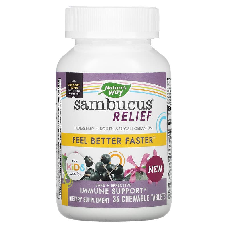 Nature's Way Sambucus Relief Immune Support For Kids Ages 2+ Berry 36 Chewable Tablets 33674136706