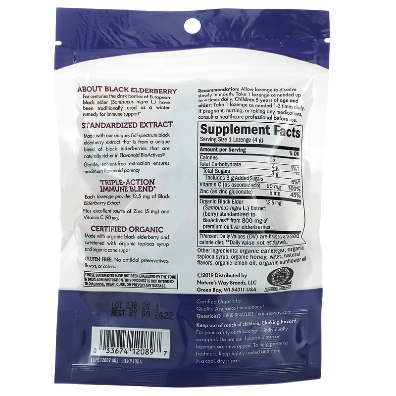 Nature's Way, Sambucus, Zinc Lozenges with Vitamin C, Honey Lemon, 24 Lozenges 33674120897