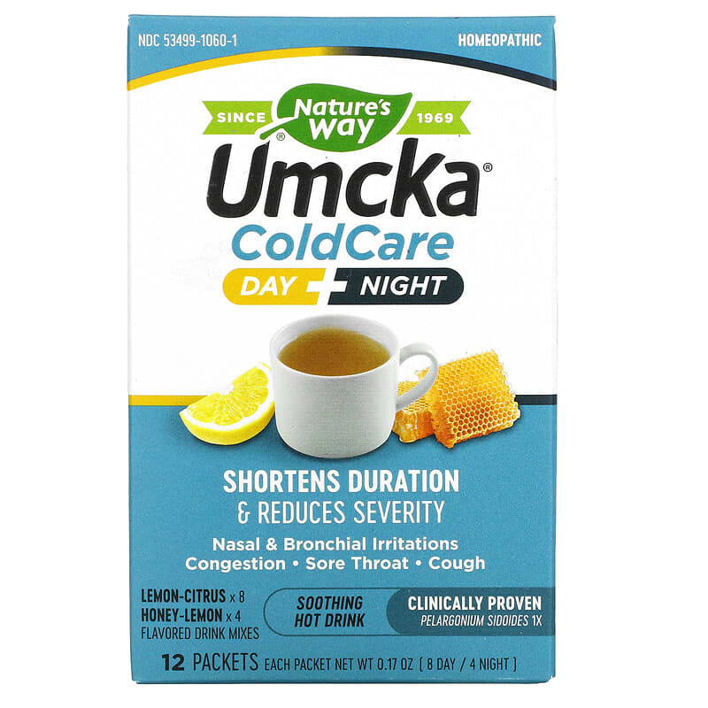 Nature's Way Umcka Cold Care Day + Night Soothing Hot Drink Lemon-Citrus Honey-Lemon 12 Packets 0.17 oz Each (8 Day/4 Night) 33674106013
