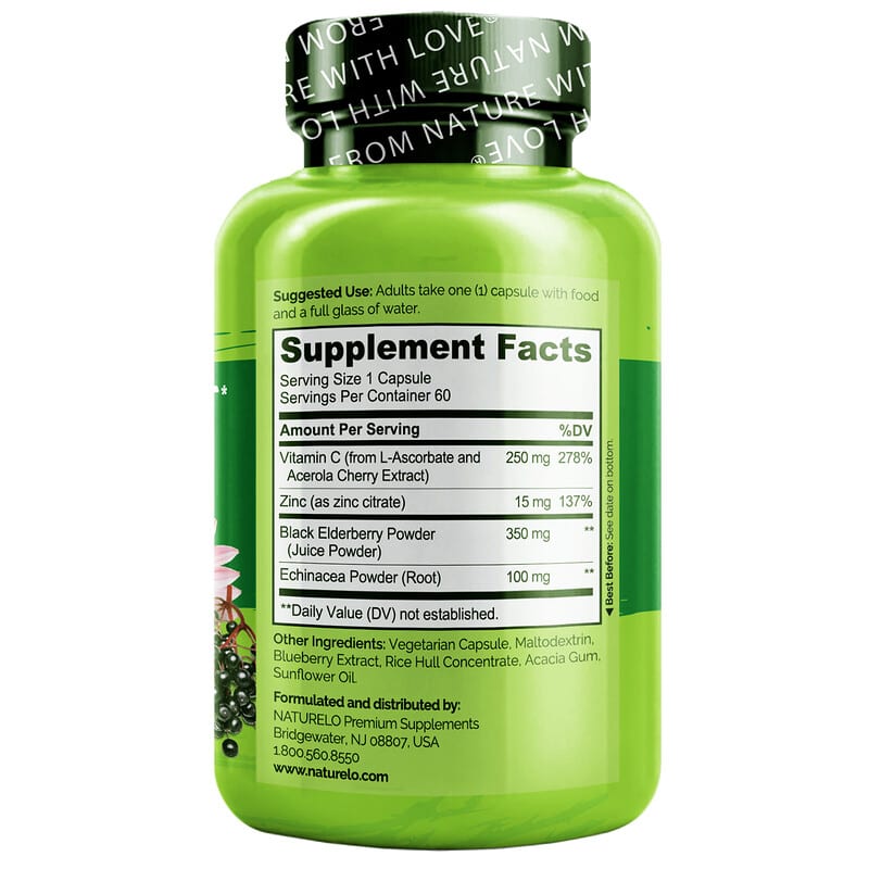 NATURELO, Immune Support with Elderberry, Vitamin C & Zinc plus Echinacea, 60 Vegetarian Capsules 628110628565