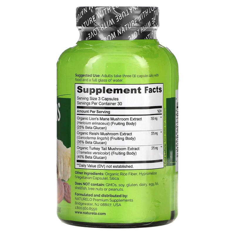 NATURELO, Mushrooms, Brain + Immune Blend, 90 Vegetarian Capsules 628110628817
