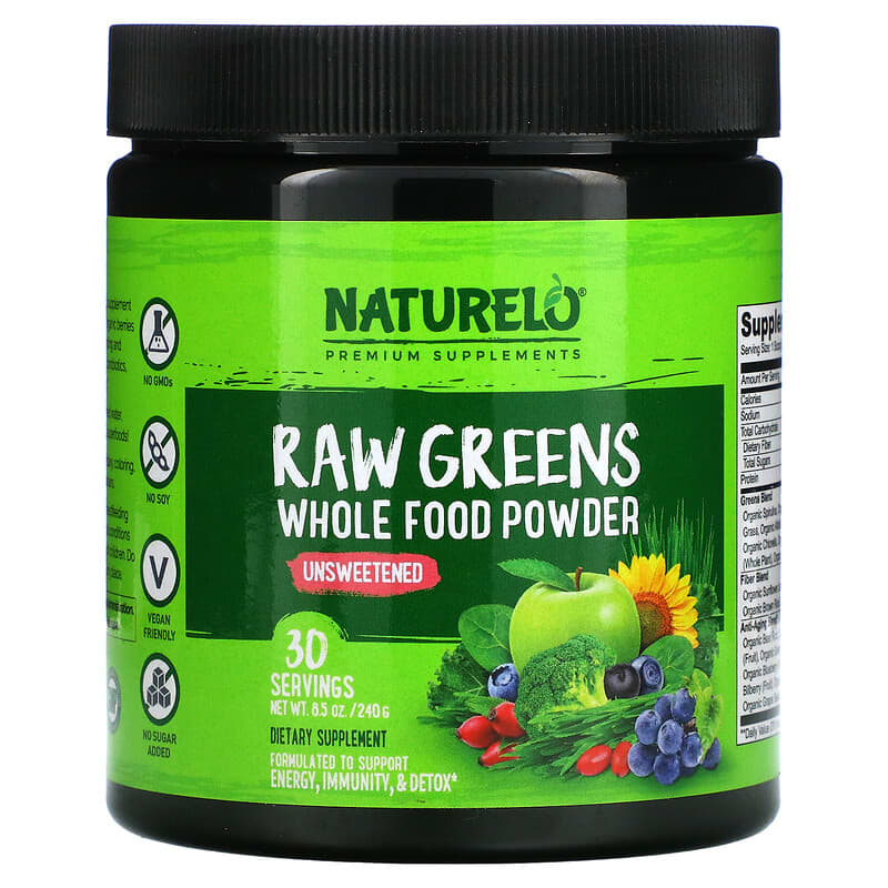 NATURELO Raw Greens Whole Food Powder Unsweetened 8.5 oz (240 g) 628110628343