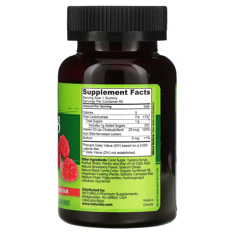 NATURELO, Vegan D3 for Kids, Strawberry, 1,000 IU (25 mcg), 60 Vegan Friendly Gummies 628110628770