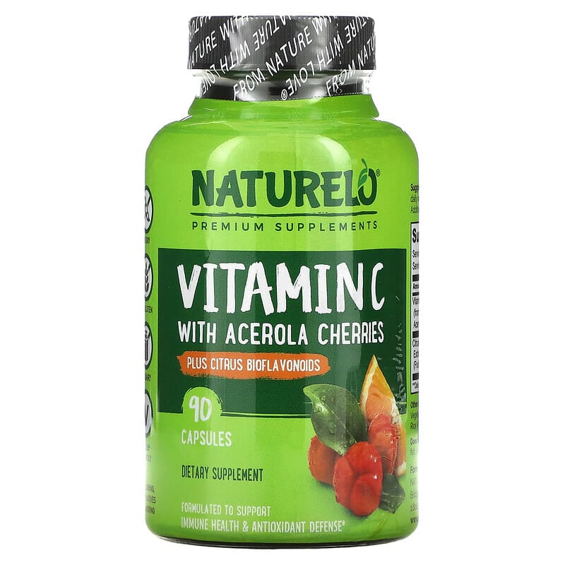 NATURELO Vitamin C with Acerola Cherries Plus Citrus Bioflavonoids 90 Capsules 628110628190