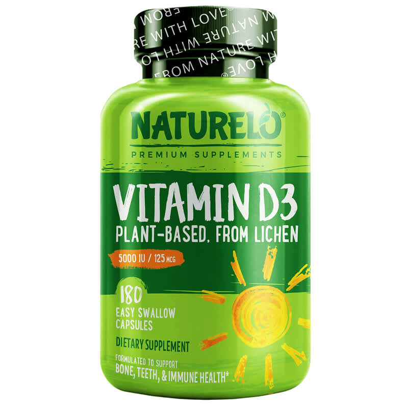 NATURELO Vitamin D3 Plant Based from Lichen 125 mcg (5,000 IU) 180 Easy Swallow Capsules 628110628435