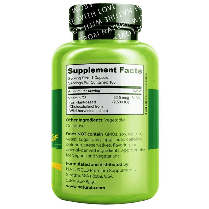 NATURELO, Vitamin D3, Plant-Based from Lichen, 62.5 mcg (2,500 IU), 180 Easy Swallow Capsules 628110628282