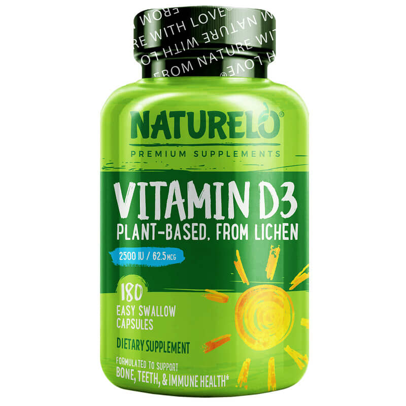 NATURELO Vitamin D3 Plant-Based from Lichen 62.5 mcg (2,500 IU) 180 Easy Swallow Capsules 628110628282