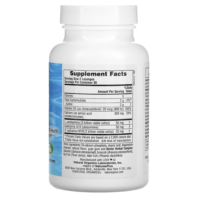 NaturesPlus, Adult's Dental Care Probiotic, Peppermint , 60 Lozenges 97467043831