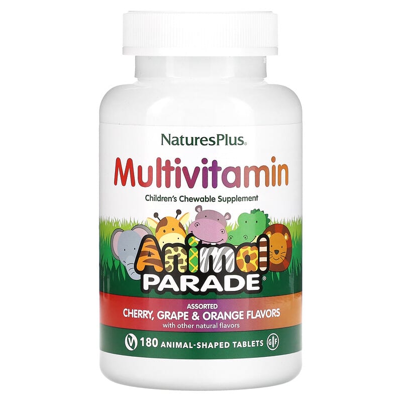 NaturesPlus Animal Parade Children's Chewable Multivitamin Supplement Cherry Grape & Orange 180 Animal-Shaped Tablets 97467299825
