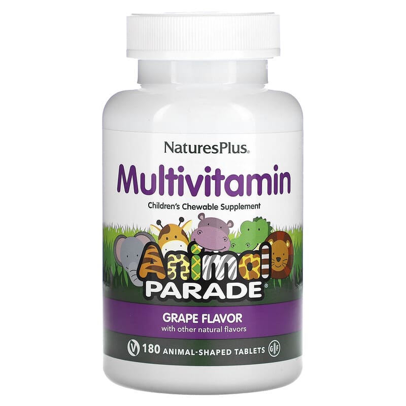 NaturesPlus Animal Parade Children's Chewable Multivitamin Supplement Grape 180 Animal-Shaped Tablets 97467299863