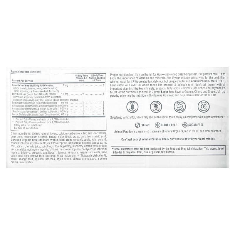 NaturesPlus, Animal Parade Gold, Children's Chewable Multivitamin Supplement, Cherry, Grape & Orange, 120 Animal-Shaped Tablets 97467299283