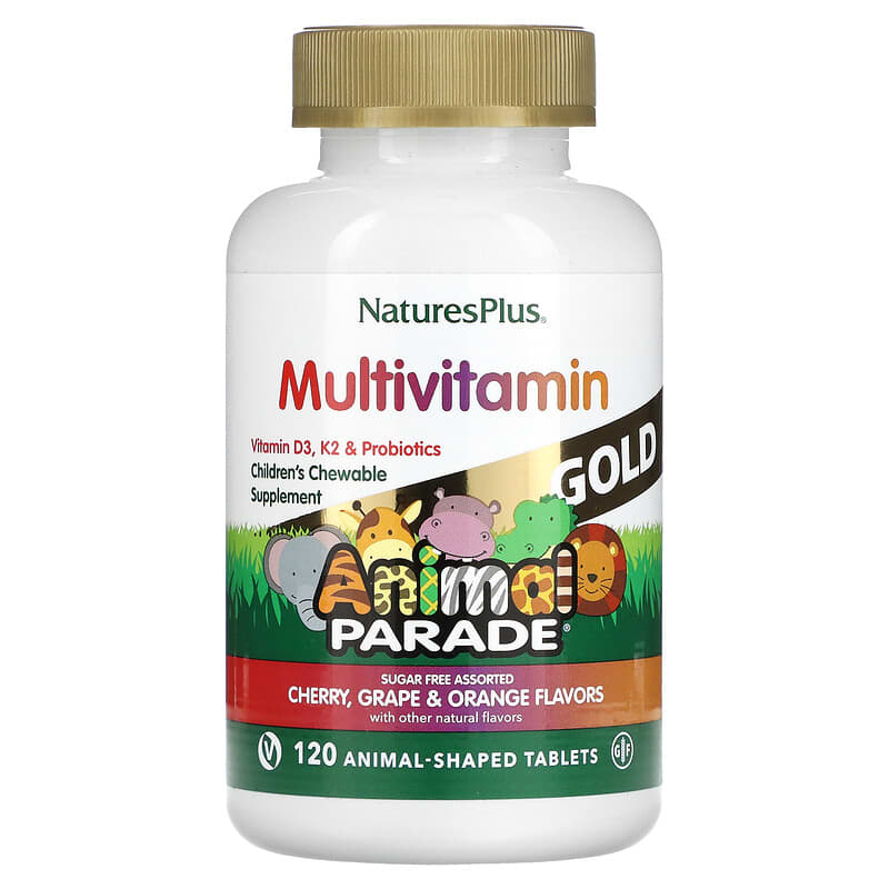 NaturesPlus Animal Parade Gold Children's Chewable Multivitamin Supplement Cherry Grape & Orange 120 Animal-Shaped Tablets 97467299283