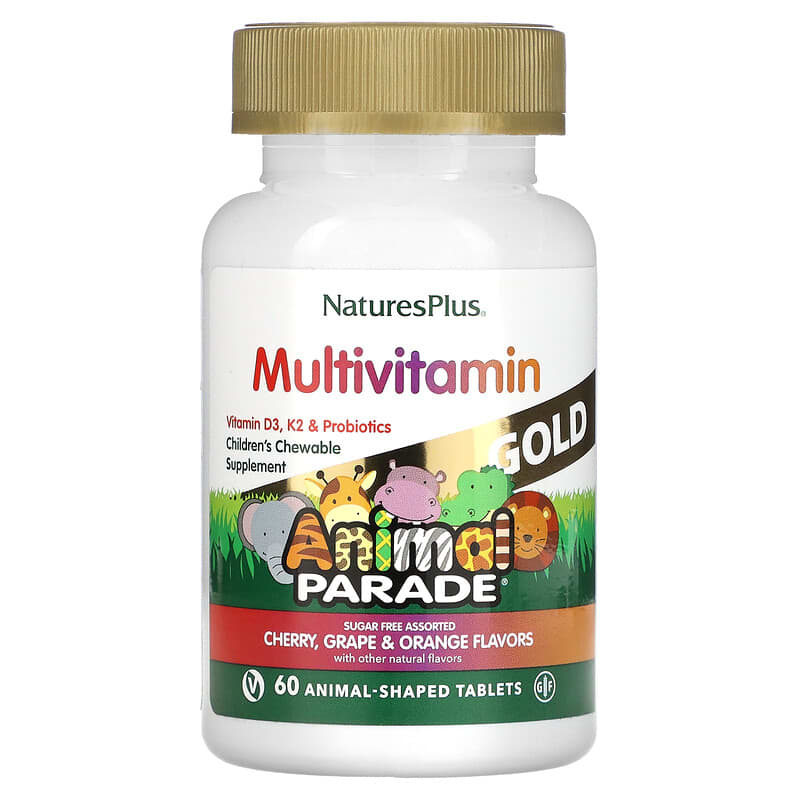 NaturesPlus Animal Parade Gold Children's Chewable Supplement Cherry Grape & Orange 60 Animal-Shaped Tablets 97467299276
