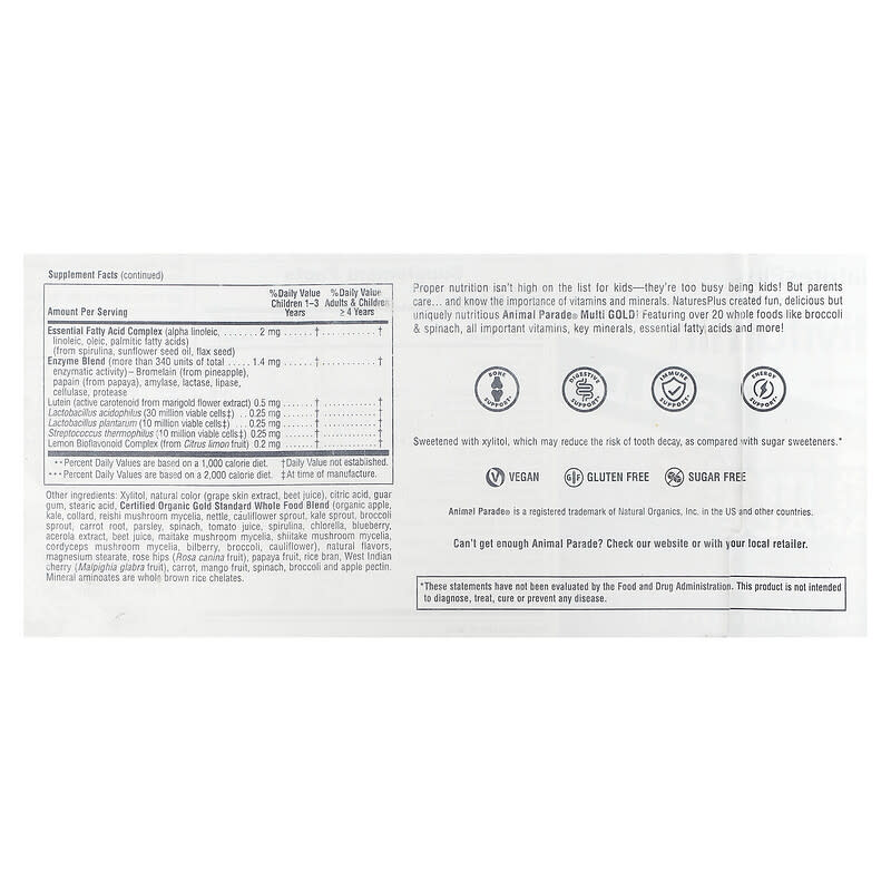 NaturesPlus, Animal Parade Gold, Children's Multivitamin Chewable Supplement, Grape, 120 Animal-Shaped Tablets 97467299344