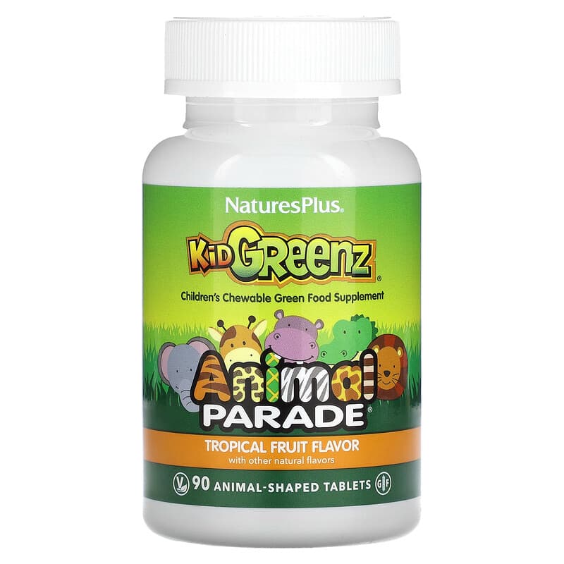 NaturesPlus Animal Parade Kid Greenz Children's Chewable Green Food Supplement Tropical Fruit 90 Animal-Shaped Tablets 97467299689