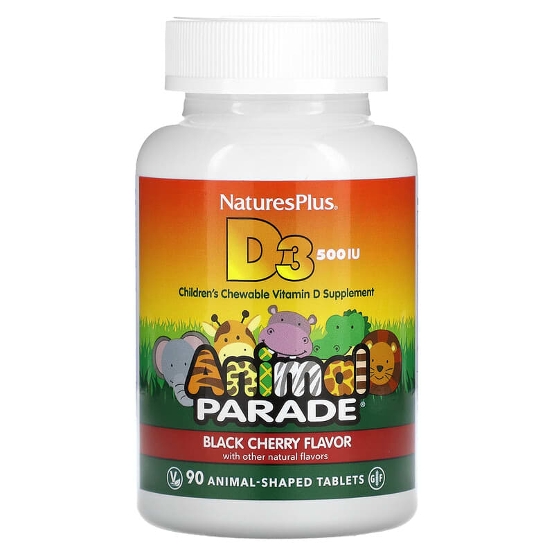 NaturesPlus Animal Parade Vitamin D3 Black Cherry 500 IU 90 Animal-Shaped Tablets 97467299504
