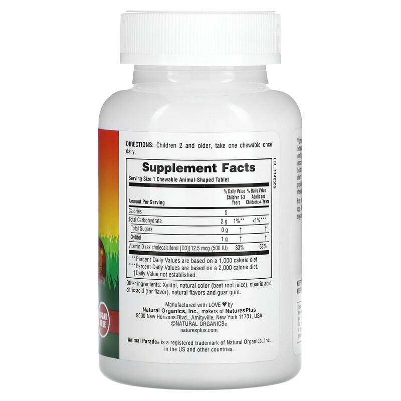 NaturesPlus, Animal Parade, Vitamin D3, Sugar Free, Black Cherry, 500 IU, 90 Animal-Shaped Tablets 97467299238