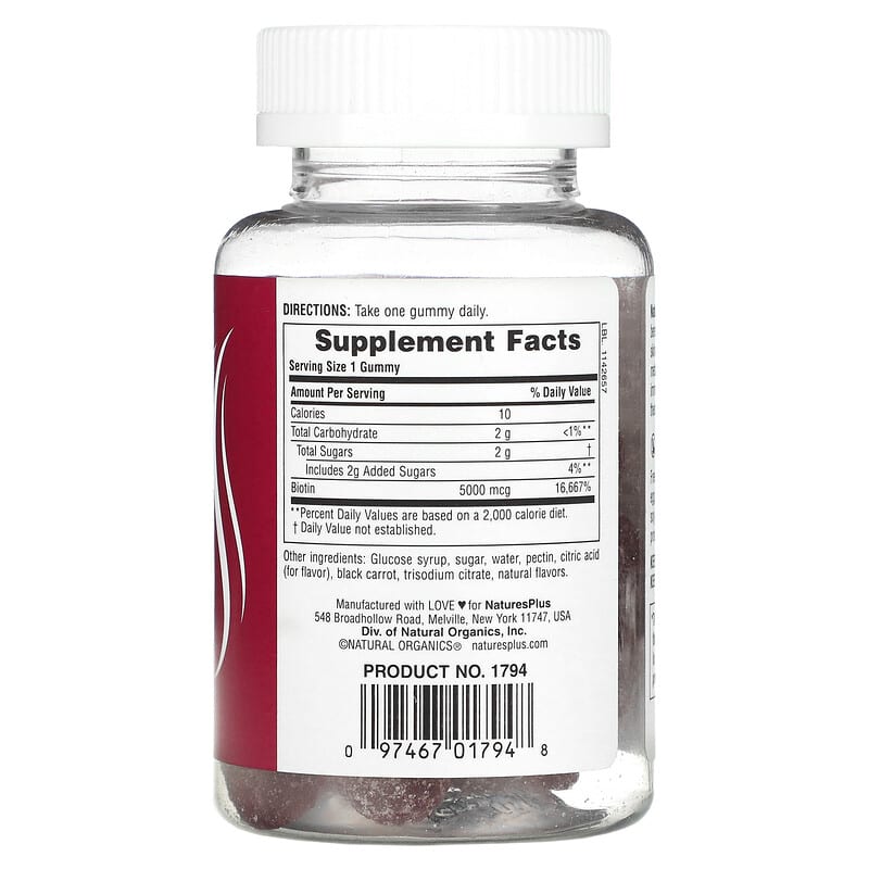 NaturesPlus, Biotin Gummies, Raspberry, 5,000 mcg, 60 Gummies 97467017948