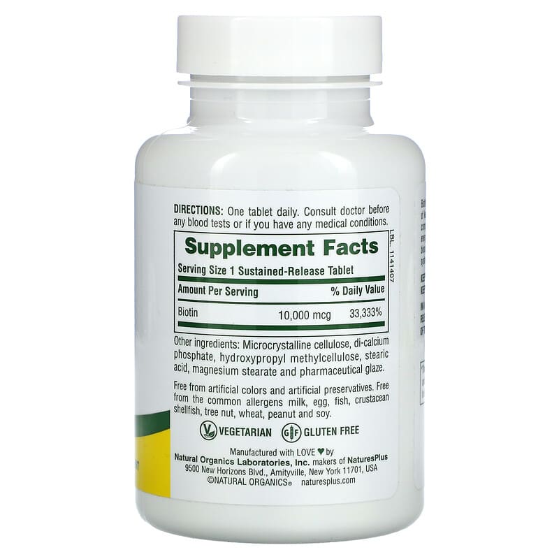 NaturesPlus, Biotin, Sustained Release, 10,000 mcg, 90 Tablets 97467017931