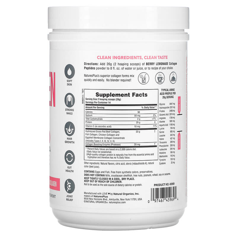 NaturesPlus, Collagen Peptides, Berry Lemonade, 0.8 lbs (364 g) 97467459694