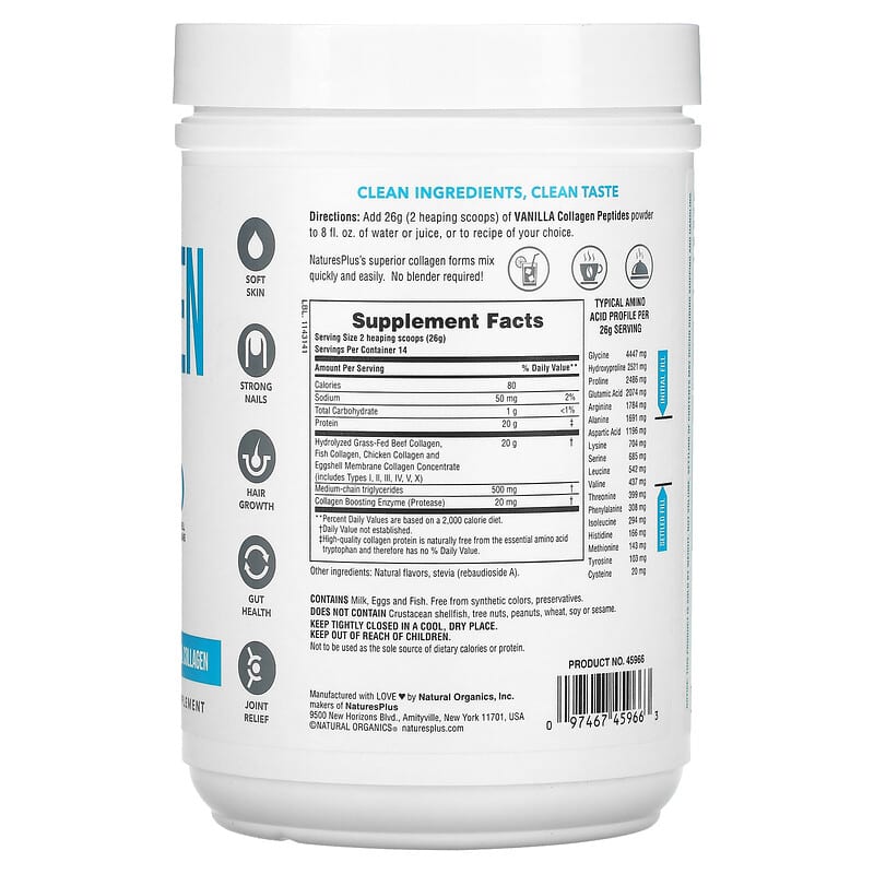 NaturesPlus, Collagen Peptides, Vanilla , 0.8 lb (364 g) 97467459663
