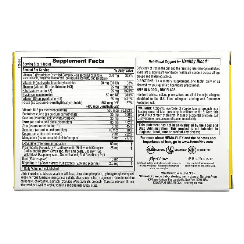 NaturesPlus, Hema-Plex, Iron with Essential Nutrients for Healthy Red Blood Cells , 10 Slow Release Tablets 97467996625