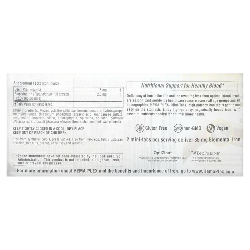 NaturesPlus, Hema-Plex, Iron with Essential Nutrients for Healthy Red Blood Cells, 60 Slow Release Mini Tabs 97467037649