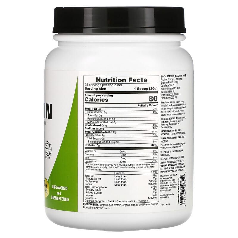 NaturesPlus, Organic Pea Protein Powder, 1.1 lbs (500 g) 97467459519