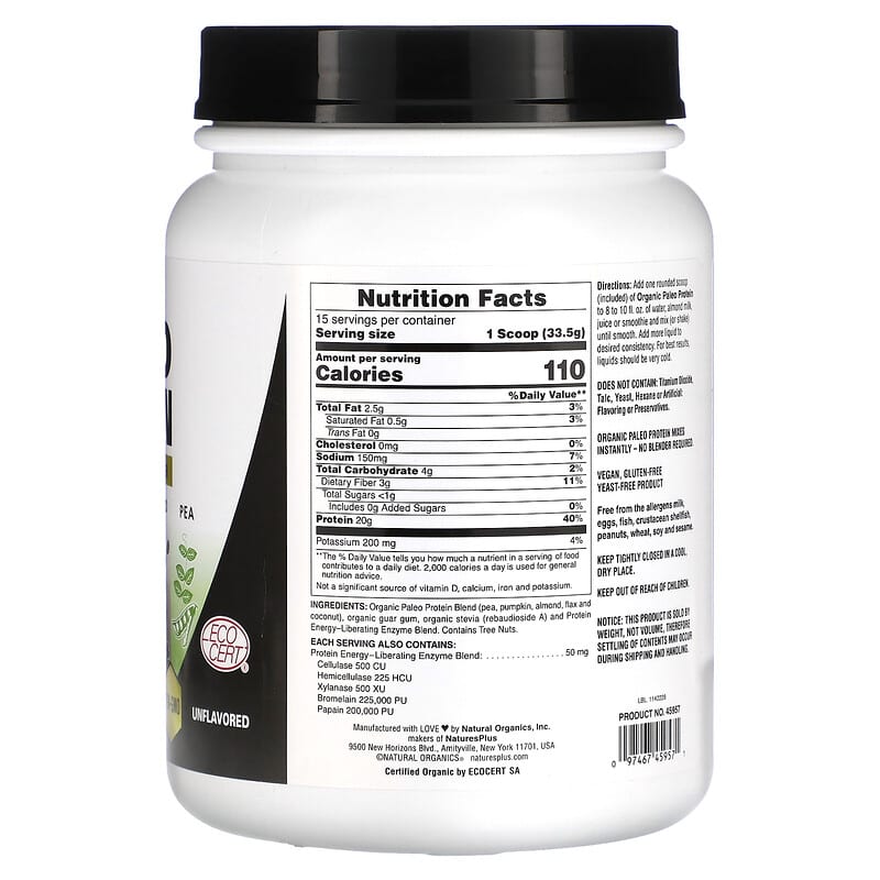 NaturesPlus, Paleo Protein Powder, Unflavored and Unsweetened, 1.49 lbs (675 g) 97467459571