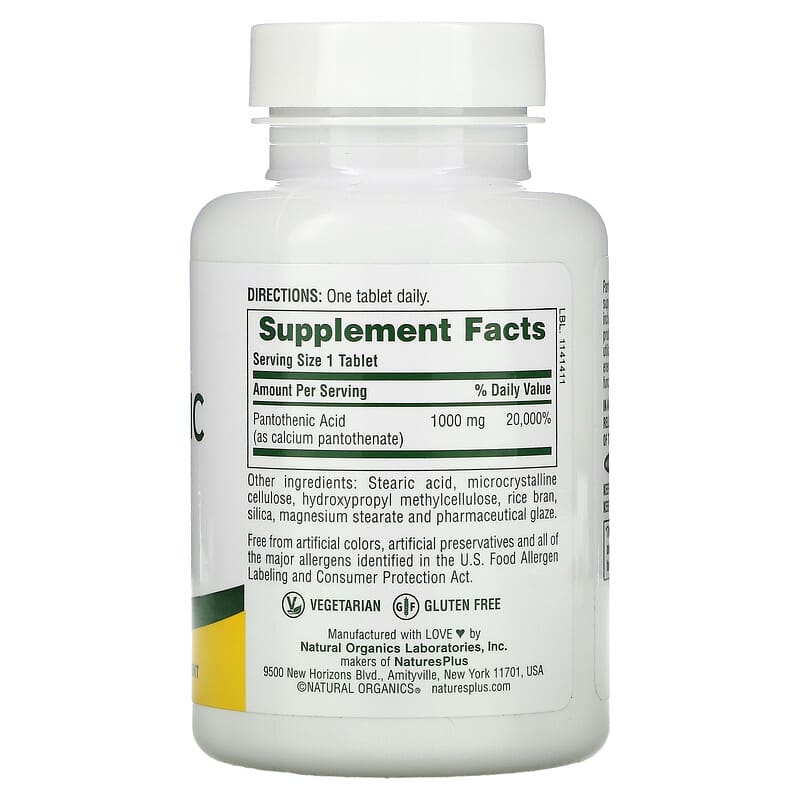NaturesPlus, Pantothenic Acid, 1000 mg, 60 Tablets 97467020603