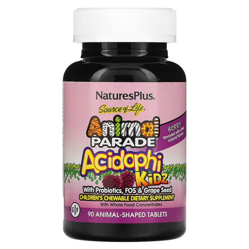 NaturesPlus Source of Life Animal Parade AcidophiKidz Children's Chewable Berry 90 Animal-Shaped Tablets 97467299696