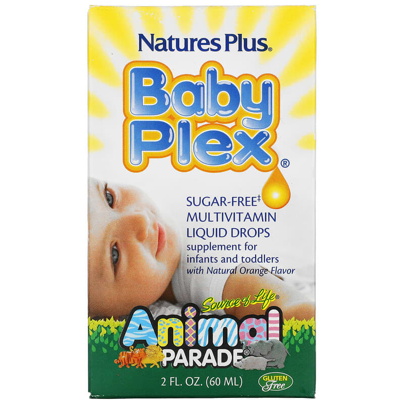 NaturesPlus Source of Life Animal Parade Baby Plex Sugar Free Multivitamin Liquid Drops Natural Orange Flavor 2 fl oz (60 ml) 97467299887