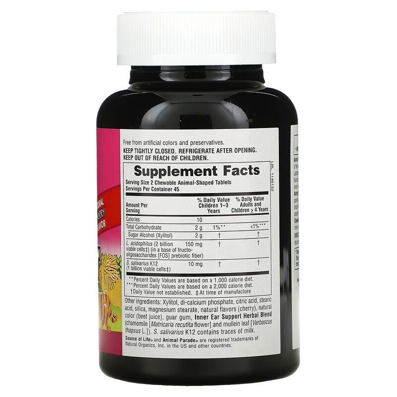 NaturesPlus, Source of Life, Animal Parade, Children's Chewable Inner Ear Support, Natural Cherry, 90 Animal-Shaped Tablets 97467299498