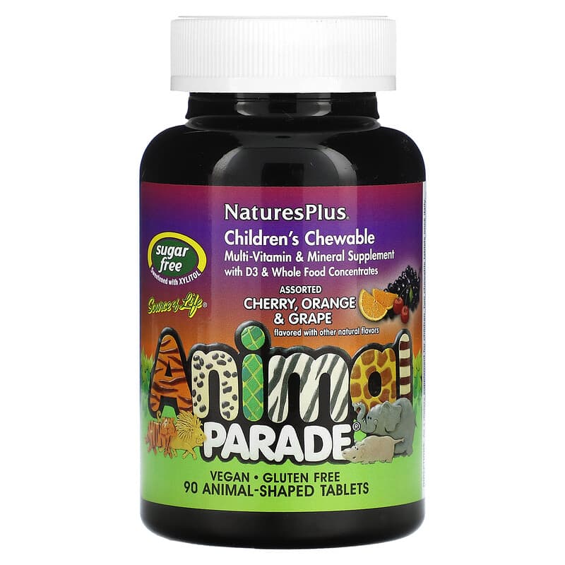 NaturesPlus Source of Life Animal Parade Children's Chewable Multi-Vitamin & Mineral Supplement Sugar Free Assorted 90 Animal-Shaped Tablets 97467299184