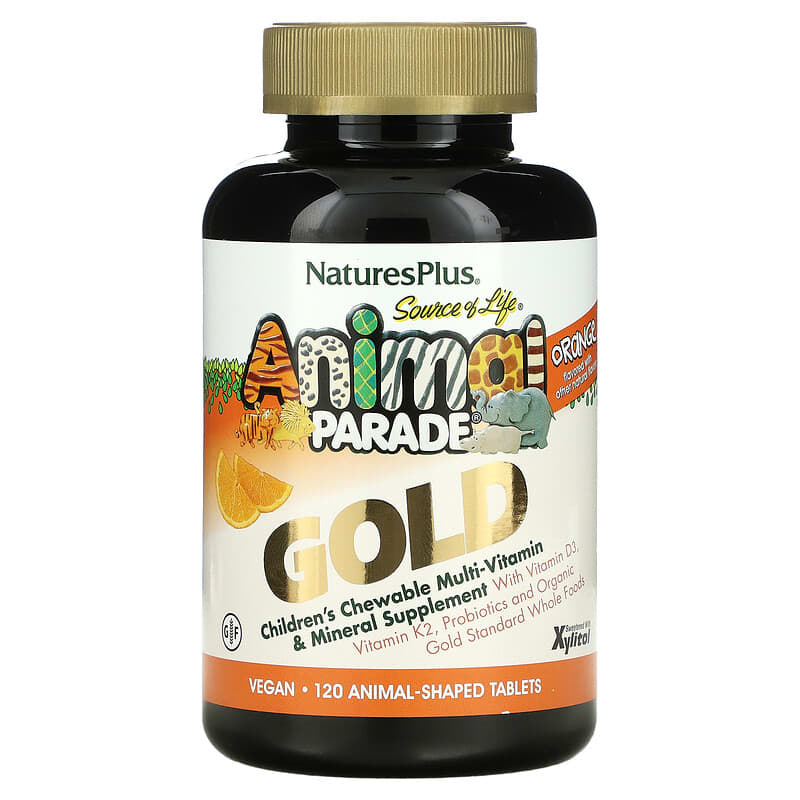 NaturesPlus Source of Life Animal Parade Gold Children's Chewable Multi-Vitamin & Mineral Supplement Orange 120 Animal-Shaped Tablets 97467299368