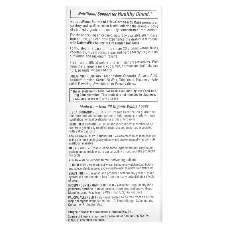NaturesPlus, Source of Life Garden, Iron, 30 Vegan Capsules 97467307360