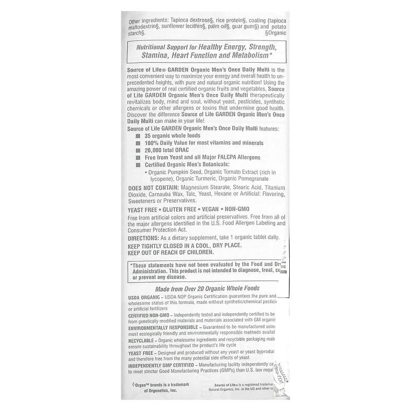 NaturesPlus, Source of Life Garden, Men's Once Daily Multi, 30 Vegan Tablets 97467307452