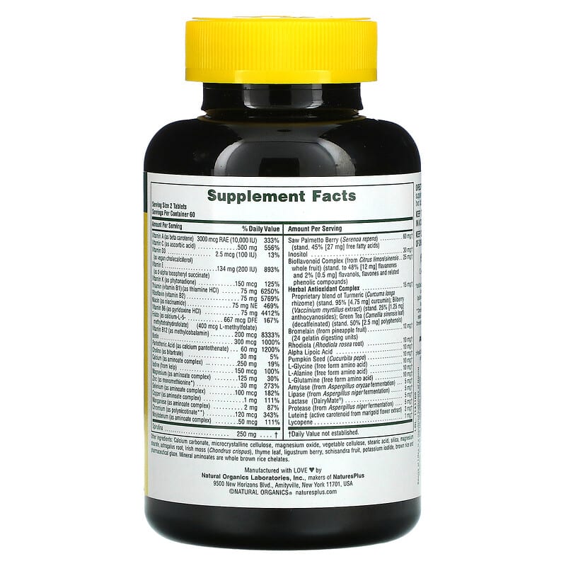 NaturesPlus, Source of Life, Men, Multi-Vitamin and Mineral Supplement with Whole Food Concentrates, Iron-Free, 120 Tablets 97467309302