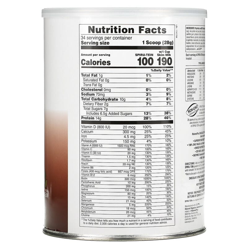 NaturesPlus, Spiru-Tein, High Protein Energy Meal, Chocolate, 2.1 lbs. (952 g) 97467045712