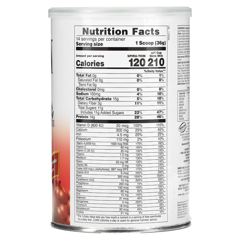 NaturesPlus, Spiru-Tein, High Protein Energy Meal, Exotic Red Fruit, 1.1 lbs (504 g) 97467459229