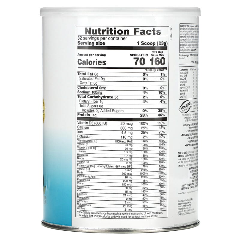NaturesPlus, Spiru-Tein, High Protein Energy Meal, Unsweetened, Simply Natural Original Vanilla, 1.63 lbs (736 g) 97467458840