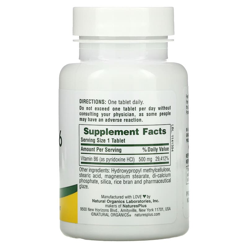 NaturesPlus, Vitamin B6, Sustained Release, 500 mg, 60 Tablets 97467016651