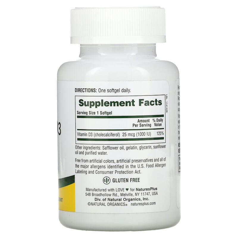 NaturesPlus, Vitamin D3, 25 mcg (1,000 IU), 180 Softgels 97467010420