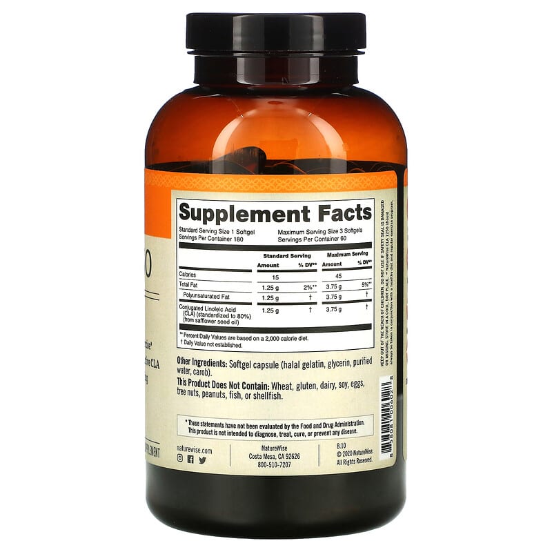 NatureWise, CLA 1250, 1,000 mg, 180 Softgels 858081006028